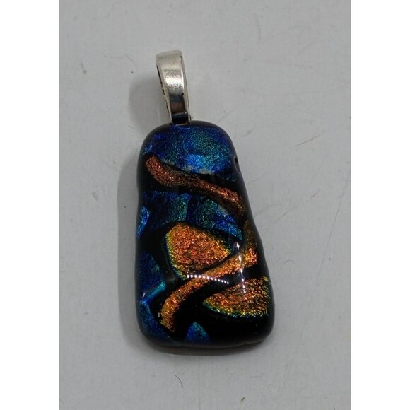 Dichroic Glass Pendant With Abstract Design In Blue & Orange Silver-Plated Bail - Picture 1 of 4